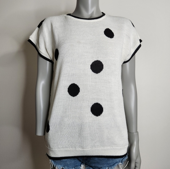 Vintage "Surrey Classics" Black Polka Dot Short Sleeve Knit Top Size XL - Picture 2 of 15